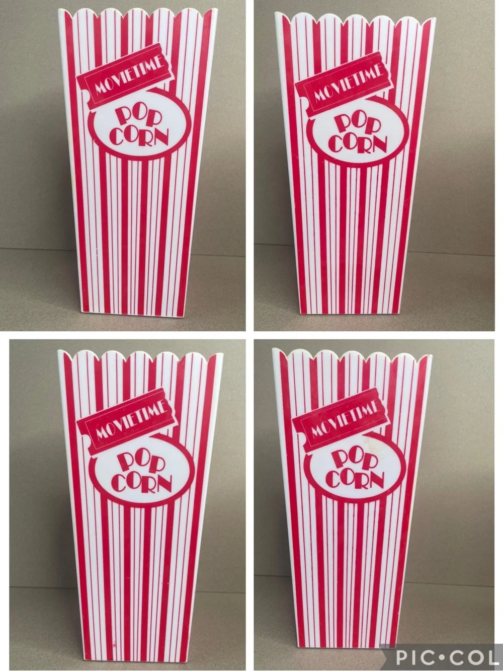 Set of 4 Movie Time Popcorn Buckets Vintage Plastic Tubs Striped Home Theater